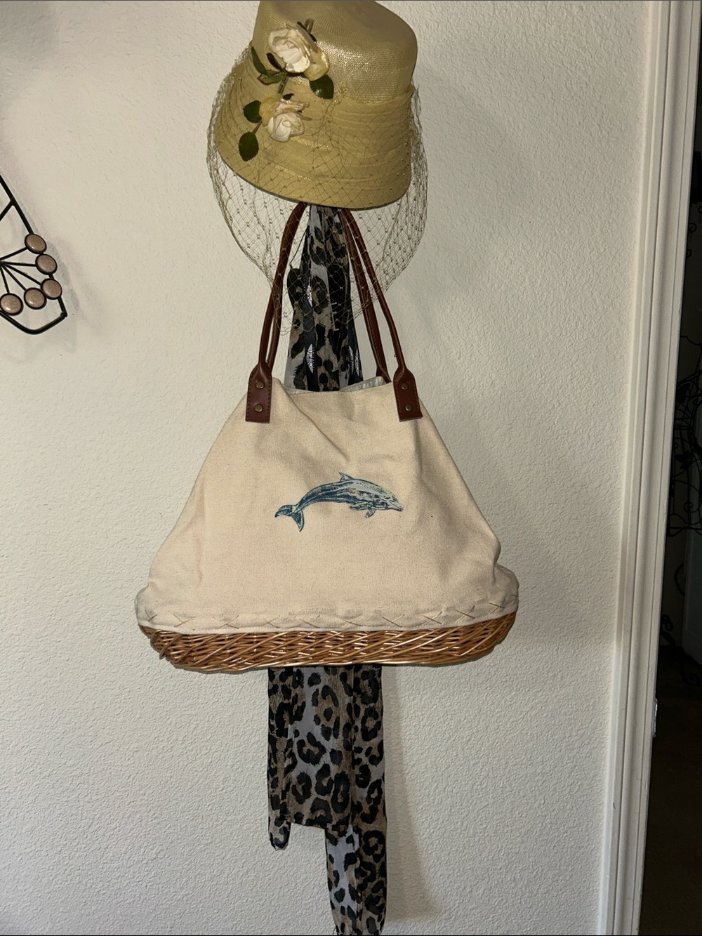 Canvas Tote with Wicker Base and Dolphin graphic Cream/Brown